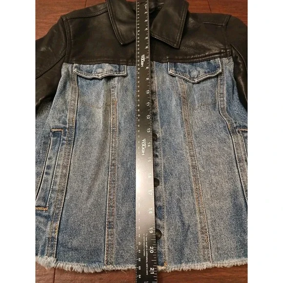 Blank NYC Black Faux Leather Jacket Blue Denim Womens Fashion Fall Size XS #316C - Picture 7 of 9